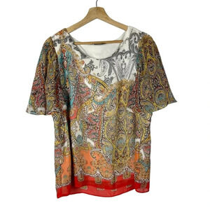 Roz & Ali Colorful Paisley Round Neck Short Sleeve Blouse S